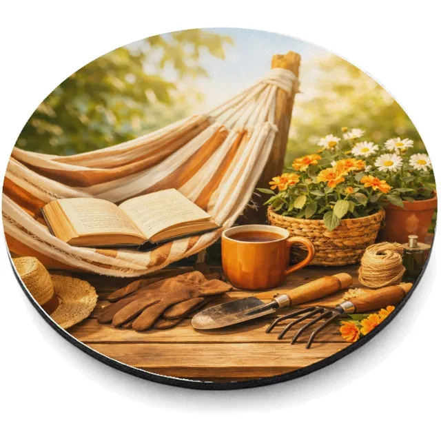 Mr Cadeautjes MDF magnetische fotolijst rond Ø 9,5 - design Een tuinbank of hangmat in een rustige tuin met hobbyspullen | cadeau Wit