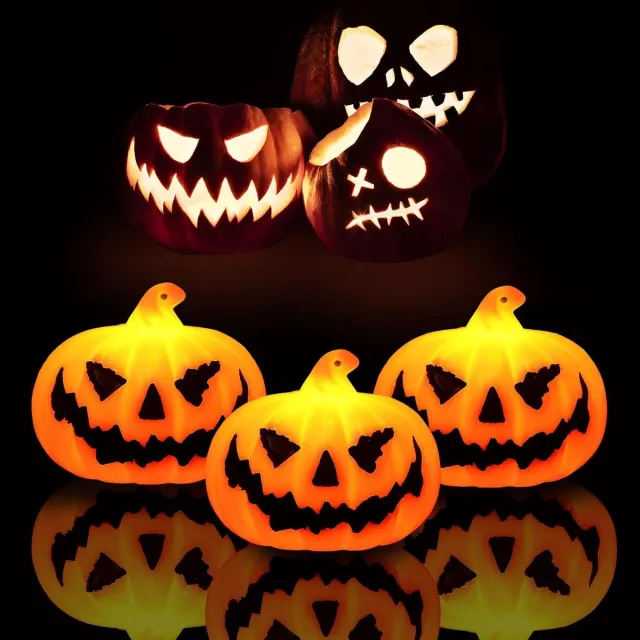 KZQ 3 Stuks Halloween-pompoen LED-theelichtje zonder vlam – Mini-pompoenlampje – Werkt op batterijen – Halloween decoratie - Halloween cadeau Oranje