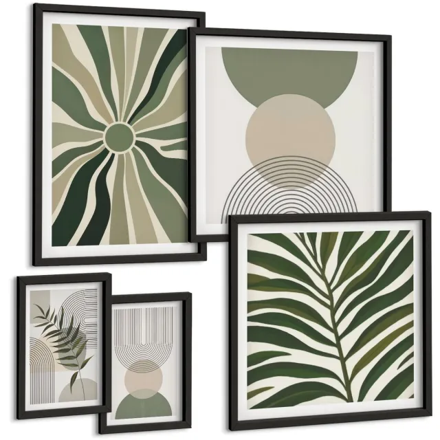 TULUP 4-Delige Schilderij Set - Stijlvolle afbeeldingen in groene tinten met plantaardige en geometrische motieven. - 50 x 50 cm, 20 x 30 cm en 40 x 60 cm - Decoratieve Schilderijen - Woonkamer - Interieur - Stijlvolle Muurdecoratie Zwarte lijst