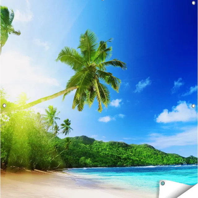 Gards Tuinposter Strand tijdens Zonsondergang in Seychellen - 100x100 cm - Tuindoek - Tuindecoratie - Wanddecoratie buiten - Tuinschilderij Multikleur