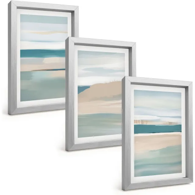 TULUP 4-Delige Schilderij Set - Abstracte landschappen in tinten blauw en beige. - 20 x 30 cm - Muurdecoratie - Schilderijen Set - Woonkamer - Woonkamer Decoratie Zilveren lijst