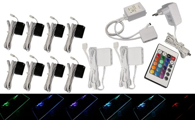 Trango Set van 8 RGB Kleur Veranderende LED Glazen Randverlichting 5022-08 incl. Afstandsbediening Kastverlichting I Glazen Vloerverlichting I Vitrine Verlichting I LED Clips I Meubelverlichting