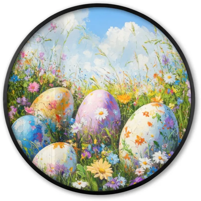 FrameYourWall Poster in lijst Rond - Fotolijst 80x80 cm - Posters - Grasveld - Eieren - Bloemen - Ronde posterlijst zwart - Decoratie - Wanddecoratie woonkamer - Muurdecoratie slaapkamer Bloemen - Eieren