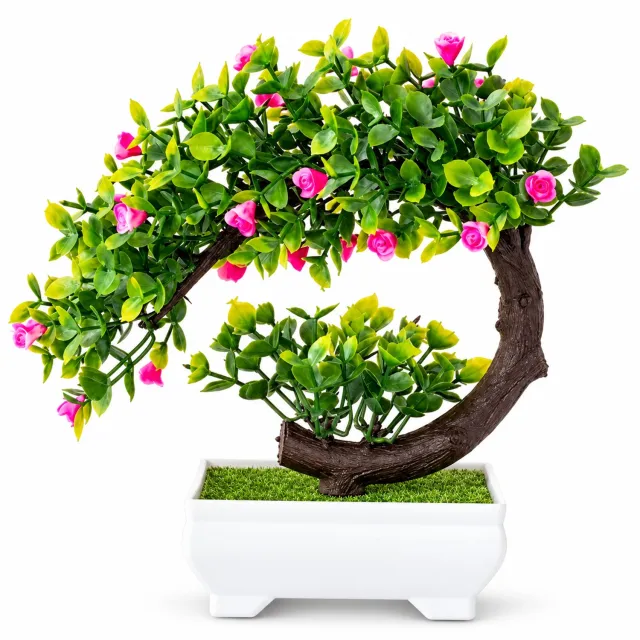 NUVEX Roze kunstplant bonsai potboom kunstplanten realistische kunstmatige boom met bloemen in witte pot tafel decoratie voor woonkamer slaapkamer kantoor en bureau Roze, Groen, Wit