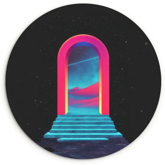 WallCircle Wandcirkel 150x150 cm - Muurcirkel Poortje - Landschap - Sterrenhemel - Roze - Muurdecoratie woonkamer - Wanddecoratie slaapkamer - Kamer decoratie accessoires - Ronde schilderijen