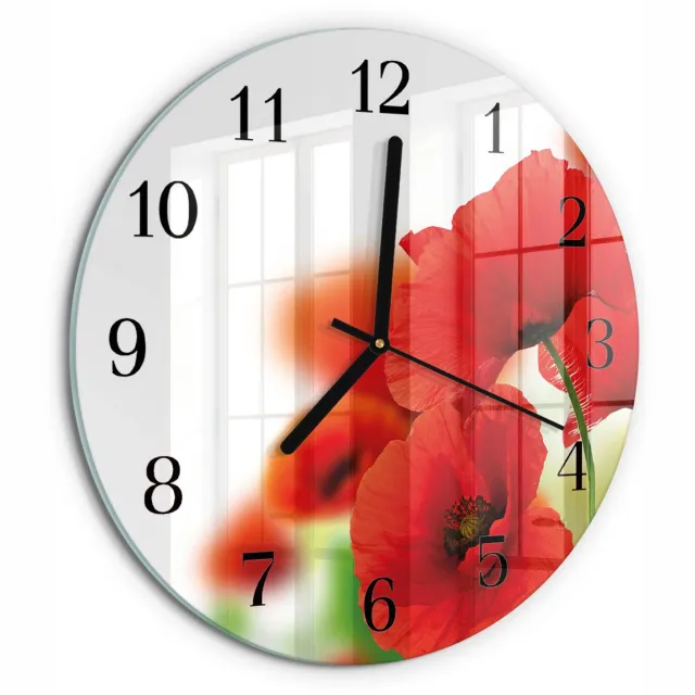 TULUP Wandklok - Klaprozen Wandklok Glas Met Motief - 30fi cm - Rood Decoratieve Glazen Klok - Zwarte Handen - Ronde Wandklok - Wandklok Glas Decoratie - Gekleurde Glazen Klok Rood - Klaprozen