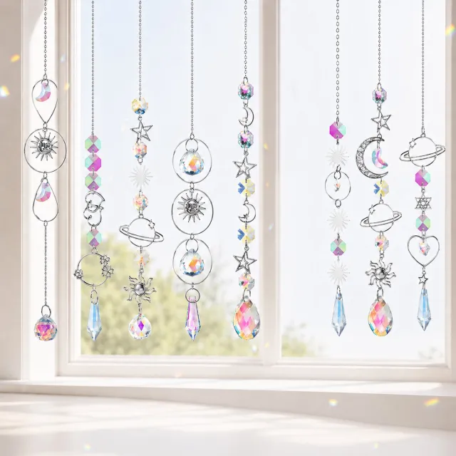 FLITI Kristallen Suncatcher Set – 8 Stuks – Zon, Maan, Sterren & Planeet Design – Regenboog Raamhangers – 34 cm – Voor Raam, Woonkamer & Slaapkamer Wit 8