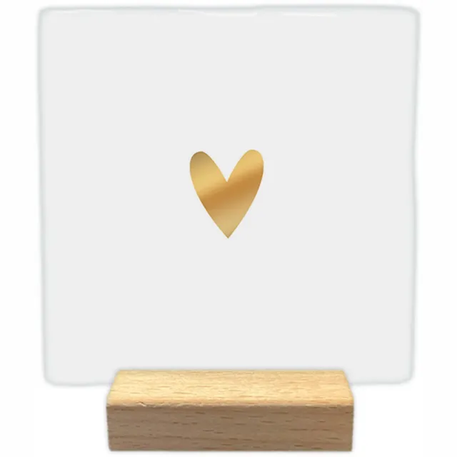 Artige Decoratie tegel - Gouden hart - keramisch - 10x10 cm - inclusief houder Wit