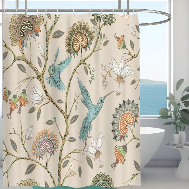 Cosensi Douche gordijn voor buiten - Waterdicht badgordijn - 180 x 180 cm - Wit bloemenlandschap met vogels. Any