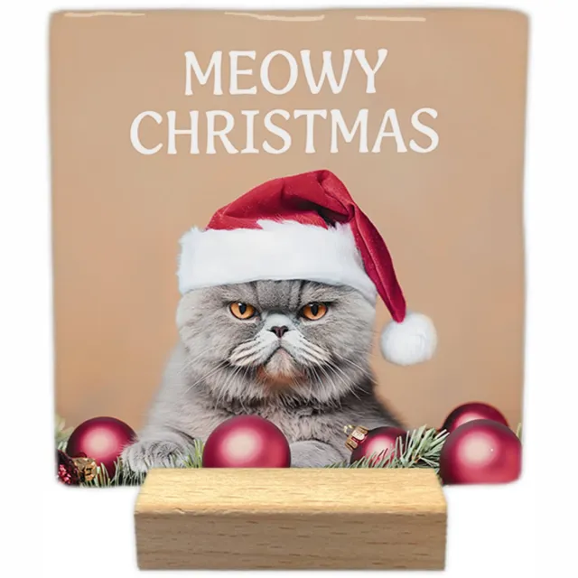 Artige Kerst decoratie tegel met tekst- Meowy christmas - keramisch - 10x10 cm - inclusief houder Beige