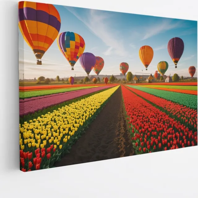 Saammp Canvas Schilderij - Landschap - Luchtballonnen boven een tulpenveld - Natuur - 100x75 - Foto op canvas - Wanddecoratie - Muurdecoratie Woonkamer - Slaapkamer decoratie - Canvas Print Multicolor
