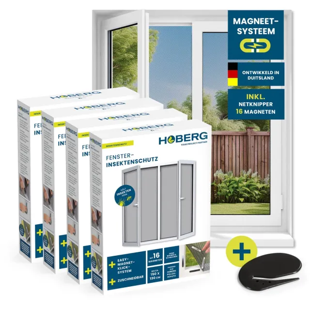 Hoberg Vliegengaas voor ramen met magnetische bevestiging, muggennet op maat te snijden tot 150 x 130 cm, eenvoudige montage met 16 magneten, insectenbescherming zonder boren, schroeven en lijmresten, zwart, 4 stuks