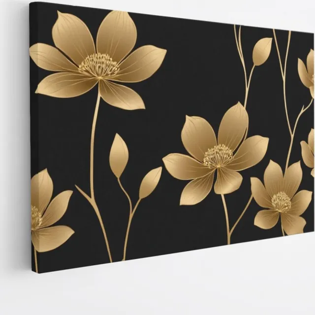 Saammp Canvas Schilderij - goud - Bloemen - Abstract - 40x30 - Foto op canvas - Wanddecoratie - Muurdecoratie Woonkamer - Kantoor Decoratie Multicolor