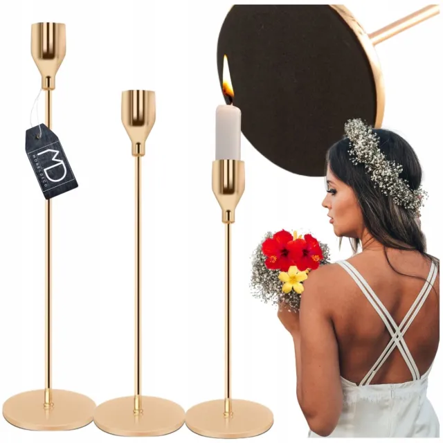 More&Deco Set van 3 Goudkleurige Metalen Kaarsenstandaards - Glamour Decoratie