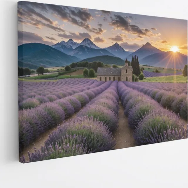 Saammp Canvas Schilderij - Landschap - Lavendel tusen de bergen - Natuur - 90x60 - Foto op canvas - Wanddecoratie - Muurdecoratie Woonkamer - Slaapkamer decoratie - Canvas Print Multicolor