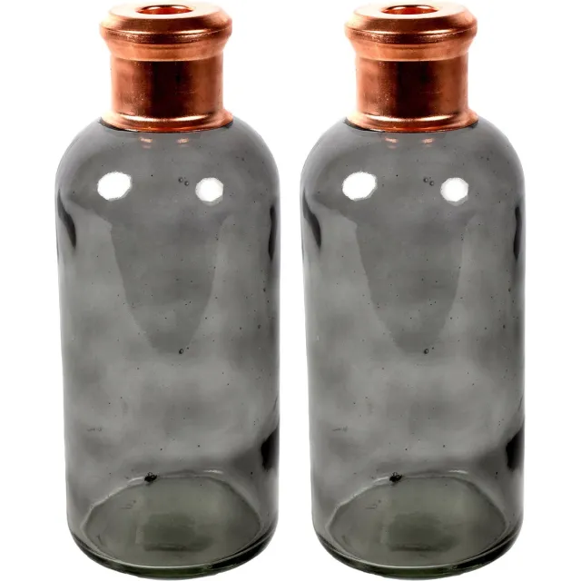 Countryfield Bloemenvaas Firm Bottle - 2x - transparant grijs/koper - glas - D11 x H27 cm