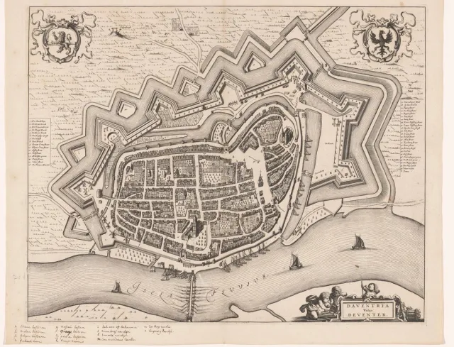 Esque Poster Historische Kaart Deventer - Plattegrond - 1649 - A3 - 30x42 - Oude Kaart - De Ijssel Zwart-Wit