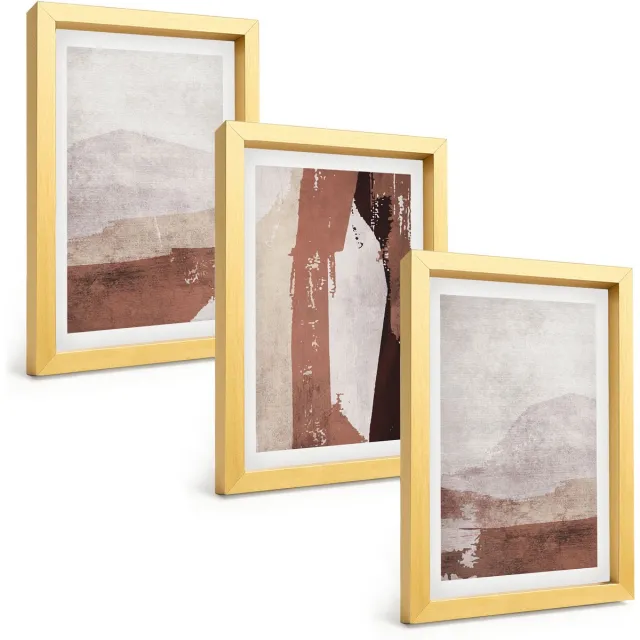 TULUP 4-Delige Schilderij Set - Abstracte patronen in bruine en beige tinten. - 20 x 30 cm - Muurdecoratie - Wanddecoratie - Slaapkamer Gouden lijst