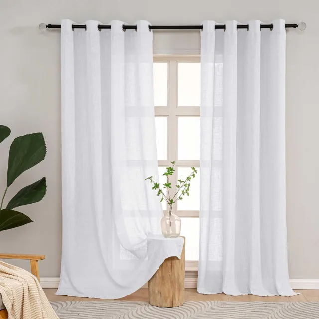 Unyqoos Set van 2 semi-transparante gordijnen in linnenlook voor sfeervolle woonkamer Wit