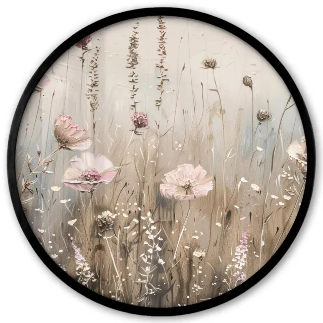 FrameYourWall Poster in lijst Rond - Fotolijst 40x40 cm - Posters - Bloemen - Roze - Modern - Beige - Ronde posterlijst zwart - Decoratie - Wanddecoratie woonkamer - Muurdecoratie slaapkamer Bloemen - Modern