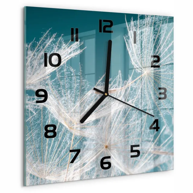 TULUP Wandklok - Paardenbloemzaden Gekleurde Glazen Klok - 30x30 cm - Wit Glazen Klok Met Print - Zwarte handen - Vierkante Klok - Moderne Wandklok Glas - Wandklok Glas Decoratie