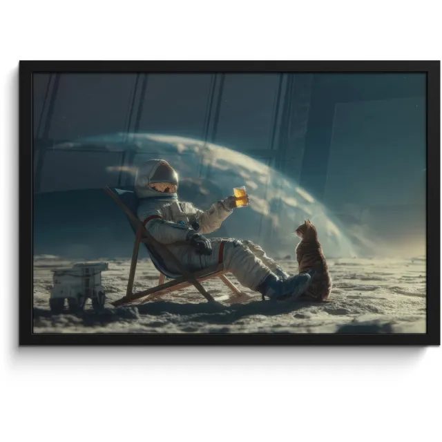FrameYourWall Poster in lijst - Fotolijst 60x40 cm - Posters - Astronaut - Kat - Glas - Stoel - Posterlijst zwart - Decoratie - Wanddecoratie woonkamer - Muurdecoratie slaapkamer