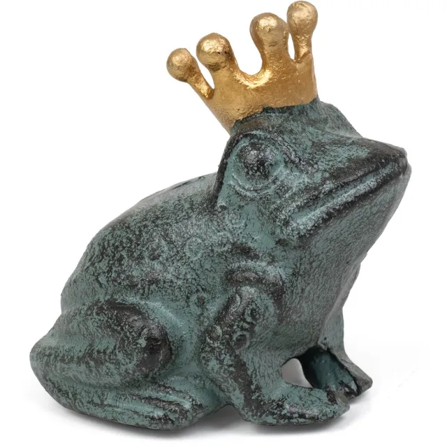 Moritz Kikkerkoning – Gietijzeren Tuinbeeld Kikker met Gouden Kroon – Hoogte 12 cm – Groen Antiek Sprookjesfiguur voor Tuin, Vijver, Balkon en Terras – Decoratieve Dierfiguur met Sleutelverstopplaats – Weerbestendig Vorstbestendig Gietijzer Cadeau