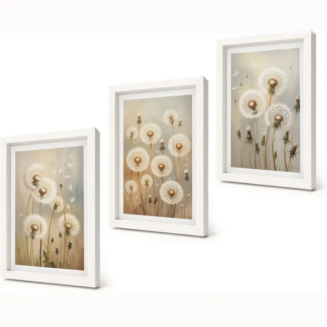 Coloray 3-Delige Schilderij Set - Witte paardenbloemen op een achtergrond van lichte kleuren. - 20x30 - Muurdecoratie - Interieur Decoratie - Wanddecoratie Witte lijst