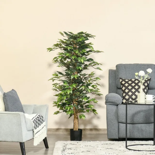 DESMIU Kunstficusboom – Realistische Bladeren – 150 cm – Kunststof – Groen – Voor Binnen en Buiten – Zwarte Plantenpot – Onderhoudsarm