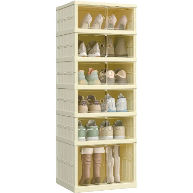 Songmics Schoenendoos - Schoenenkast met Klapdeuren - Voor 12 Paar Schoenen - 6 Lagen - Transparante Deur Crèmewit