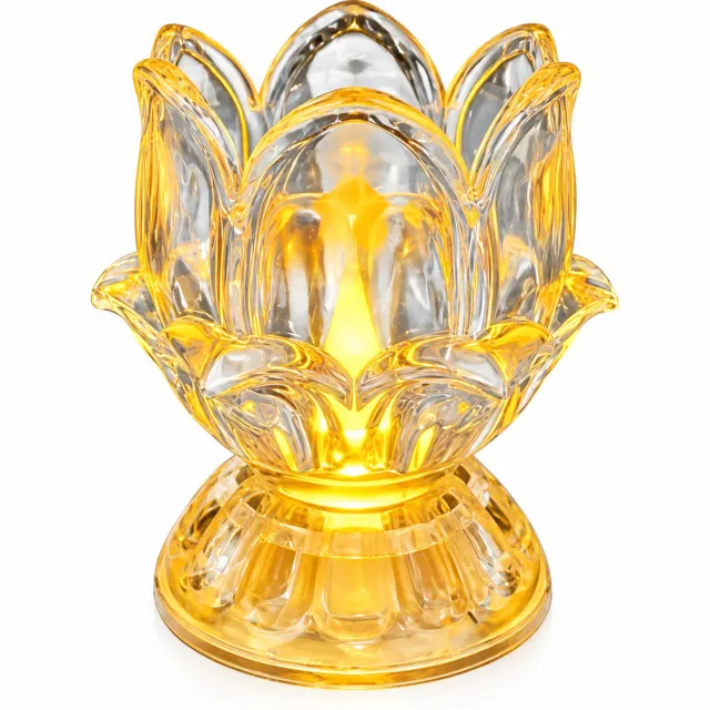 SWGOTA led kaarsen: transparante lotuslamp met warmgeel licht en voet, 7,4 cm breed en 8 cm hoog, voor een boeddhistisch altaar