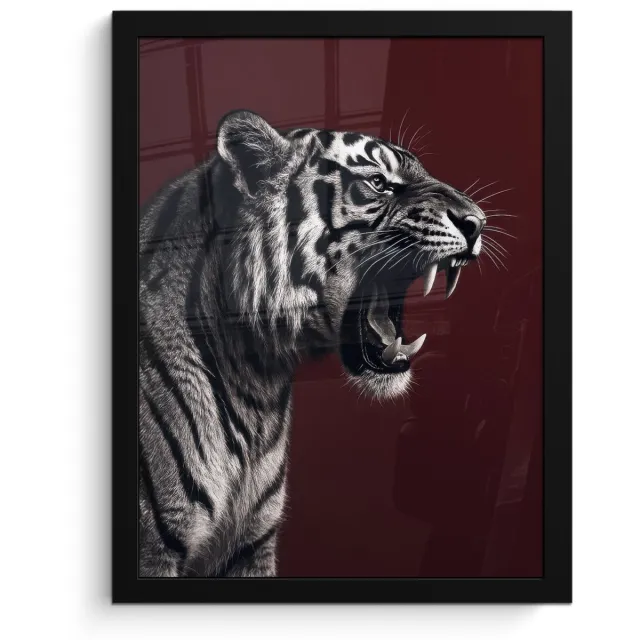 FrameYourWall Poster in lijst - Fotolijst 30x40 cm - Posters - Tijger - Brult - Bordeaux - Posterlijst zwart - Decoratie - Wanddecoratie woonkamer - Muurdecoratie slaapkamer Tijger - Brullen