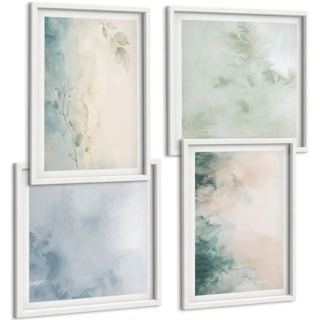 TULUP 4-Delige Schilderij Set - Aquarellen op canvas in minimalistische stijl - 40x40 en 40x60 - Wanddecoratie - Muurdecoratie - Woonkamer - Woonkamer Decoratie Witte lijst