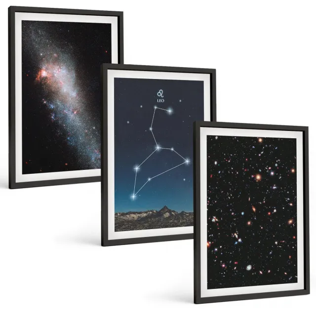 Coloray 3-Delige Schilderij Set - Sterrenbeeld Leeuw, Melkwegstelsel En De Ruimte - 40 x 60 cm - Wanddecoratie - Muurdecoratie - Woonkamer - Interieur Decoratie Zwarte lijst
