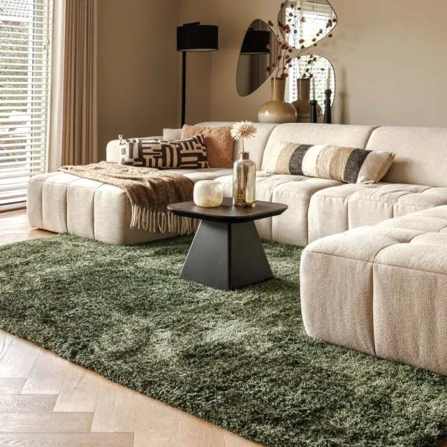 Tapeso Shaggy vloerkleed - Meadow olijfgroen 200x300