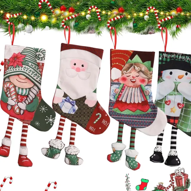 Famanu Set van 4 grote kerstkousen in de vorm van een kerstman, perfect om te vullen voor kerstdecoratie bij de open haard Zwart