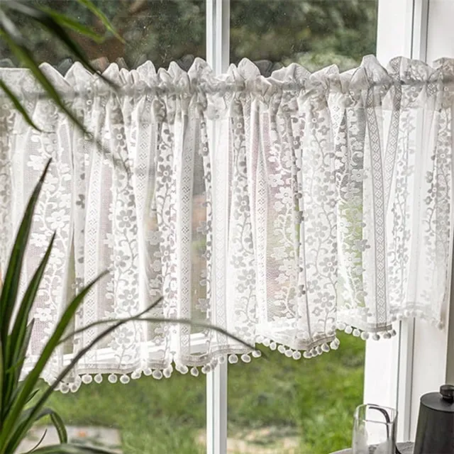 Ulisem Kant Gordijn Valance - Semi Transparant Geborduurd - Gordijn Voor Keuken Badkamer Slaapkamer - Lichtdoorlatend - Raamdecoratie - Vitrage - Gordijnen - 140x46cm - Wit