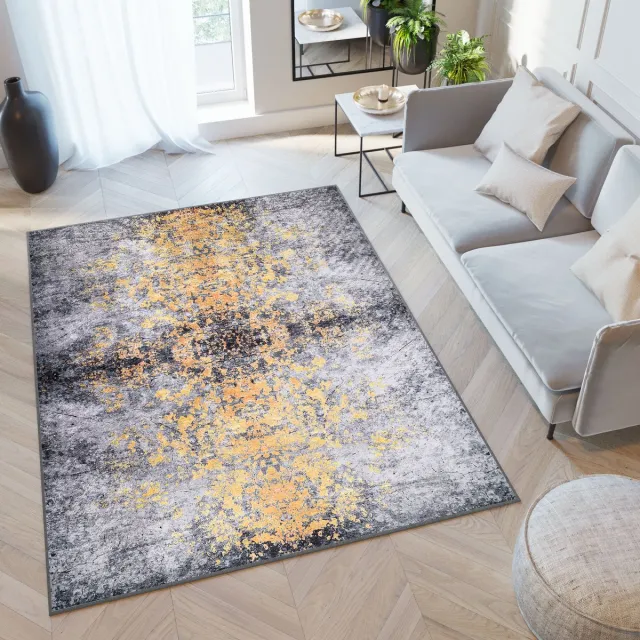 Tapiso Victoria Vloerkleed Laagpolig Antislip Woonkamer Tapijt Geel Grijs