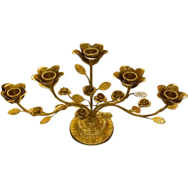 Mica Decorations Mica Kandelaar Goud 5-Arms B22 x H40 cm met Bloem – Gouden Kaarsenhouder – Decoratieve Tafeldecoratie
