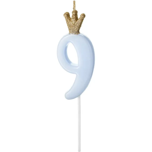 Party Deco Lichtblauwe Kaars Met Kroontje Cijfer 9 blauw
