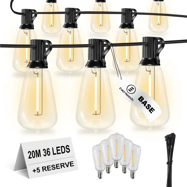 EverNeeds ST38 BASE Lichtsnoer Buiten – Prikkabel 20m – 36 LED – IP44 – Lichtslinger – Sfeerverlichting Buiten en Binnen – Warm Wit 2700K – 5 Extra LED’s