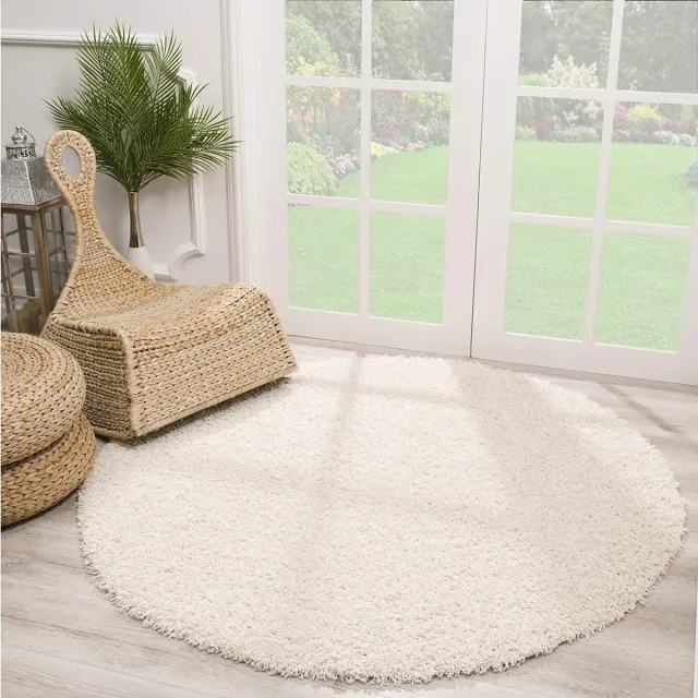 Muratap Rond Loca Shaggy Vloerkleed – Modern Uni Effen – Creme Hoogpolig & Zacht- 240 CM Ø