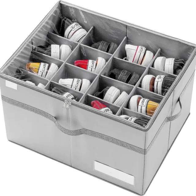 Wishdor Schoenen opbergdoos - Met 16 verstelbare vakken - Opvouwbare organizer met transparante deksel en rits - Slaapkamer kledingkast garderobe - Vliesstof - Grijs - L 51,8 x B 42 x H 33 cm