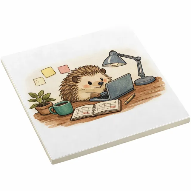 Mr Cadeautjes Decoratie tegel Een egel in een kleine thuiswerkhoek met post-its, planner e - 10,8 x 10,8 cm, keramiek - keuken, badkamer, woonkamer | cadeau wit