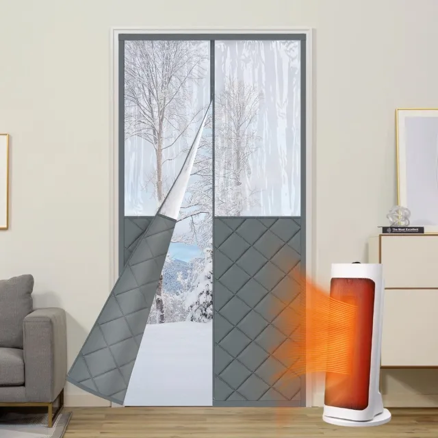 Qelus Warmtewerend Deurgordijn met Magnetische Sluiting - Gewatteerd, Zelfklevend Gordijnen met Transparant Raam - Energiebesparend, Tochtwerend voor Huis en Woondecoratie (Grijs)