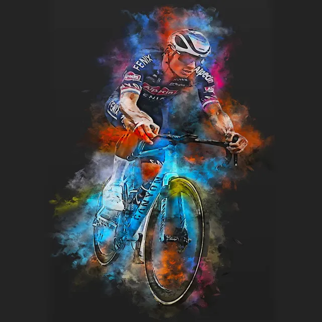 Van der Poel Wallofprints - Van der Poel poster op A4 semi- glossy papier - 21x29.7 cm - Wielrennen poster - Unieke poster van Matthieu van der Poel in wielrenners tenue met donkergrijze achtergrondkleur