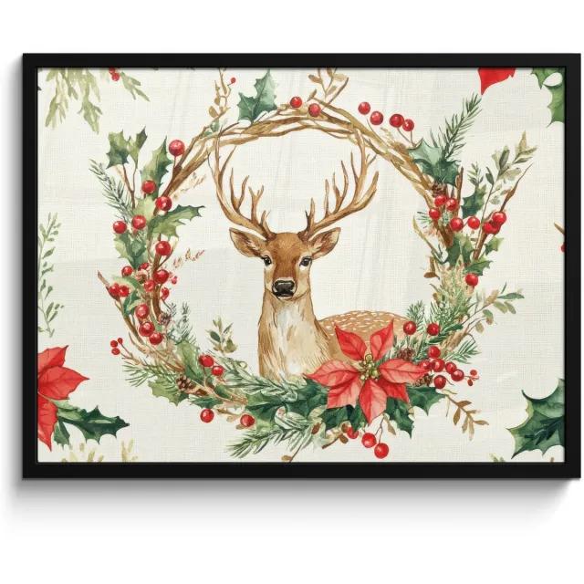 FrameYourWall Poster in lijst - Fotolijst 70x50 cm - Posters - Kerstkrans - Hert - Hulst - Rood - Posterlijst zwart - Decoratie - Wanddecoratie woonkamer - Muurdecoratie slaapkamer - Kerstversiering - Kerstdecoratie voor binnen - Kerstmis