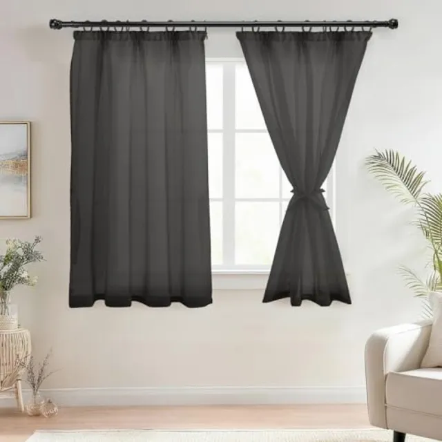 ShawnQ Voile gordijnen met plooiband, linnenlook, 2 stuks, halftransparant, voor woonkamer, zwart, 145 x 140 cm (hoogte x breedte)