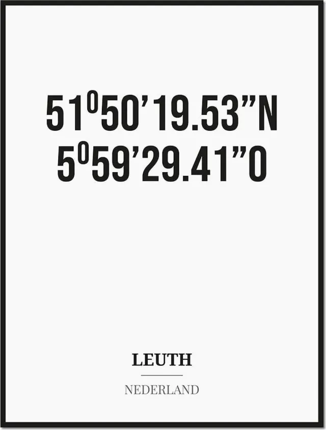 Studio216 Poster/kaart LEUTH met coördinaten zwart, wit