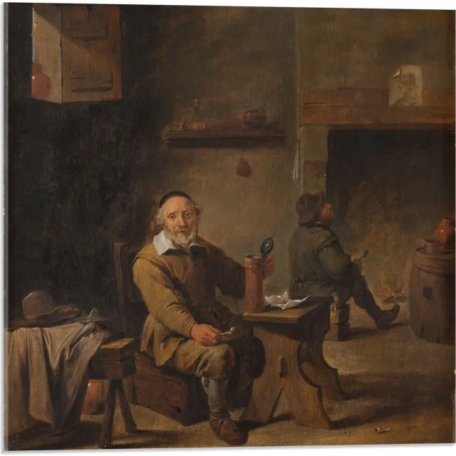 KuijsFotoprint Acrylglas - Oude meesters - De oude bierdrinker, David Teniers (II) - 50x50cm Foto op Acrylglas (Met Ophangsysteem) Bruin